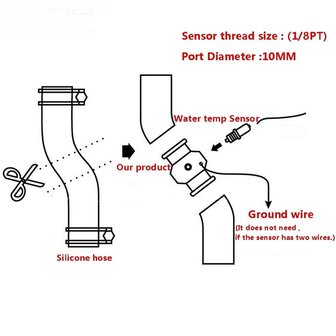 Adapter watertemp. sensor tussen waterslang 32 mm goud