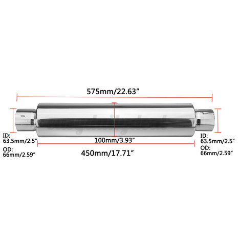 Rvs universele demper 2,5 inch/ 63,5 mm, 450 mm lang