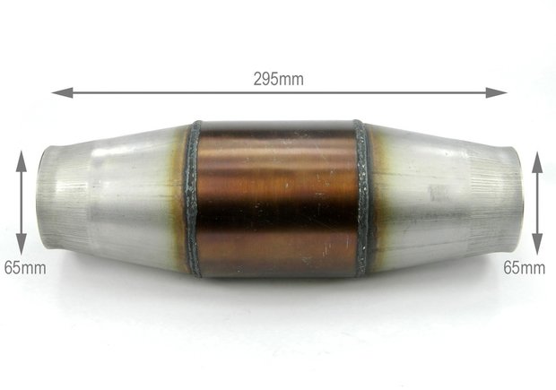 300 cells race katalysator rond 65 mm aansluitingen, 295 mm lang.